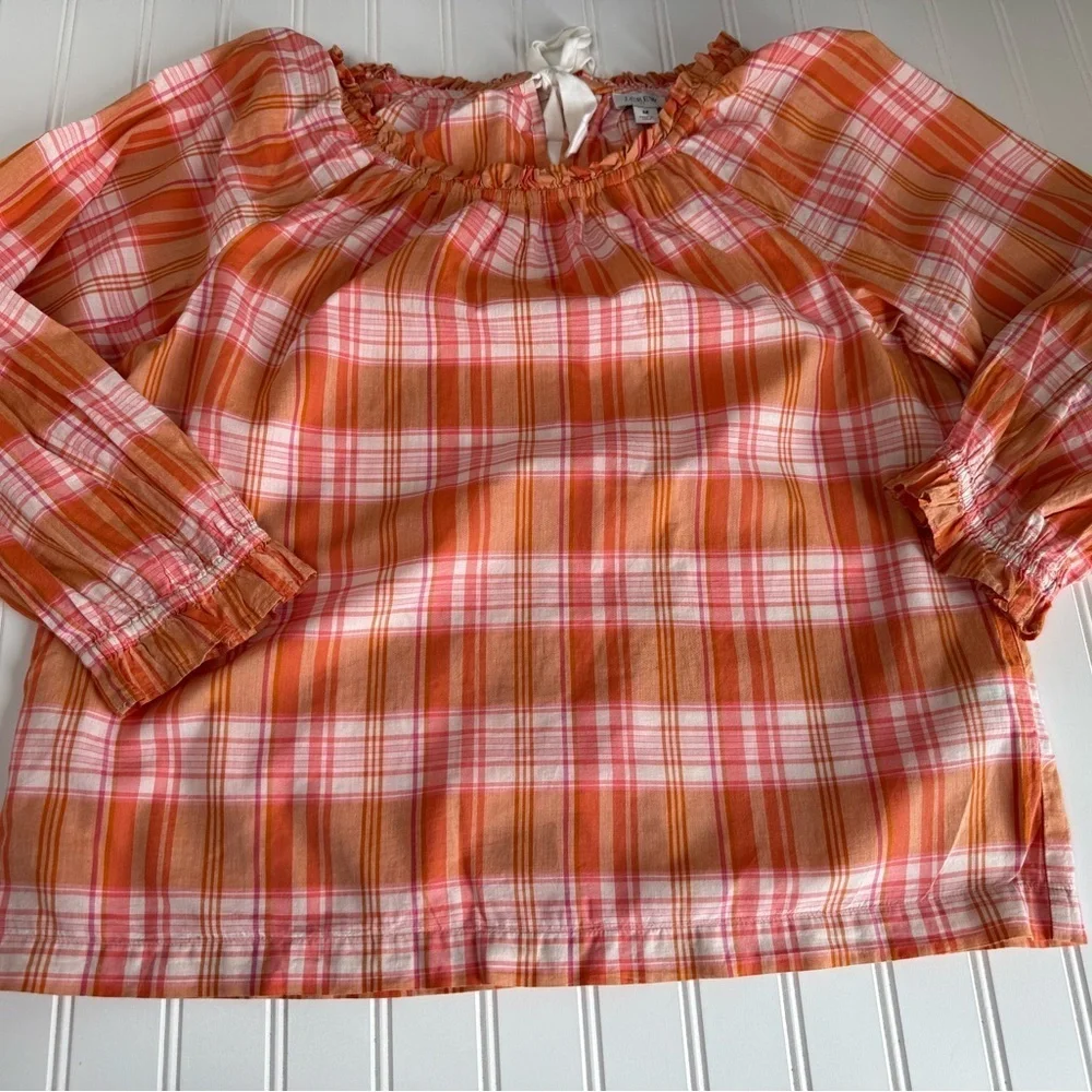 J.Crew Ruffle Tie Back Top Orange Plaid Smocked Neck Sleeve Medium Women. 1143